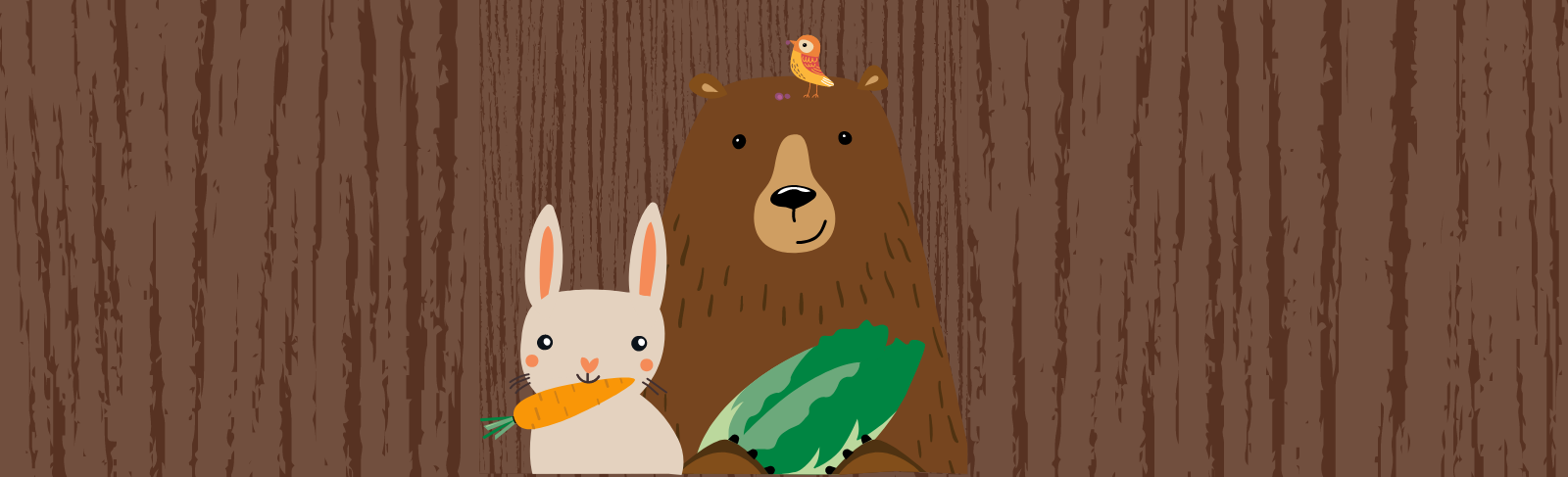 Cartoon bear and rabbit with vegetables. Tree trunk background.