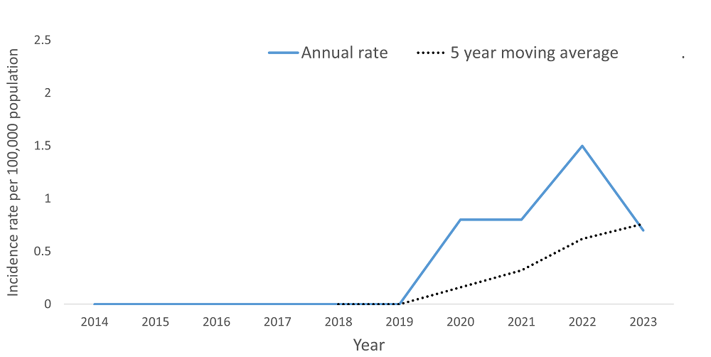 A line graph showing the crude rate and five year moving average of Carbapenemase-producing Enterobacteriaceae (CPE) by year within the Health Unit region between 2015 and 2024.