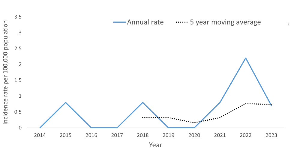 A line graph showing the crude rate and five year moving average of Encephalitis by year within the Health Unit region between 2015 and 2024.