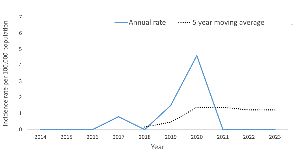 A line graph showing the crude rate and five year moving average of Hepatitis A by year within the Health Unit region between 2015 and 2024.