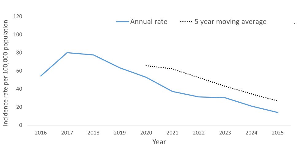 Incidence rate per 100,000 of hepatitis C by year A line graph showing the crude rate and five year moving average of Hepatitis C by year within the Health Unit region between 2016 and 2025.