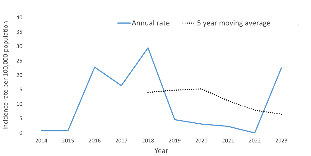 A line graph showing the crude rate and five year moving average of Pertussis (Whooping Cough) by year within the Health Unit region between 2015 and 2024